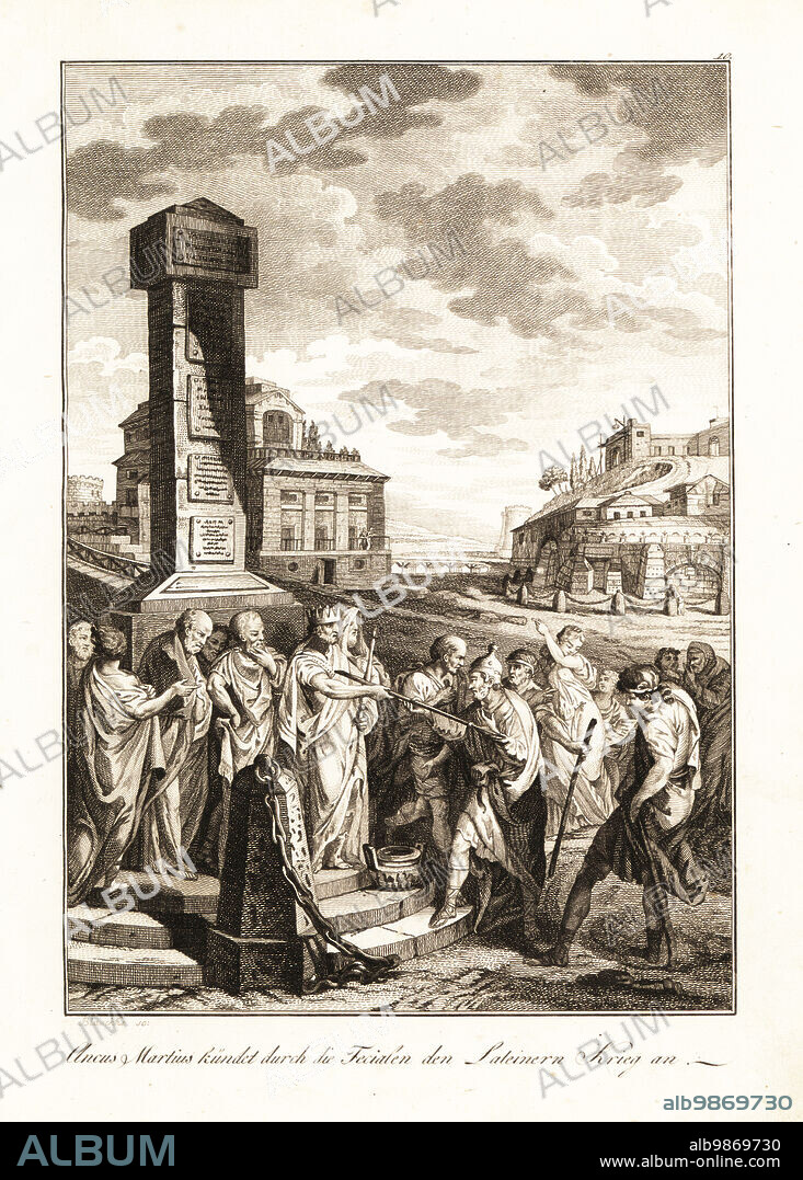 Ancus Marcius, legendary fourth king of Rome, sending priests or Fetials to declare war against the Latins, 7th century BC. Ancus Martius envoie des Feciales declarer la guerre aux Latins. Copperplate engraving by János Blaschke after a design by Gabriel de St. Aubin from Professor Joseph Rudolf Zappes Gemalde aus der romischen Geschichte, Pictures of Roman History, Joseph Schalbacher, Vienna, 1800. German edition of Abbe Claude Francois Xavier Millots Abrege de lHistoire Romaine.
