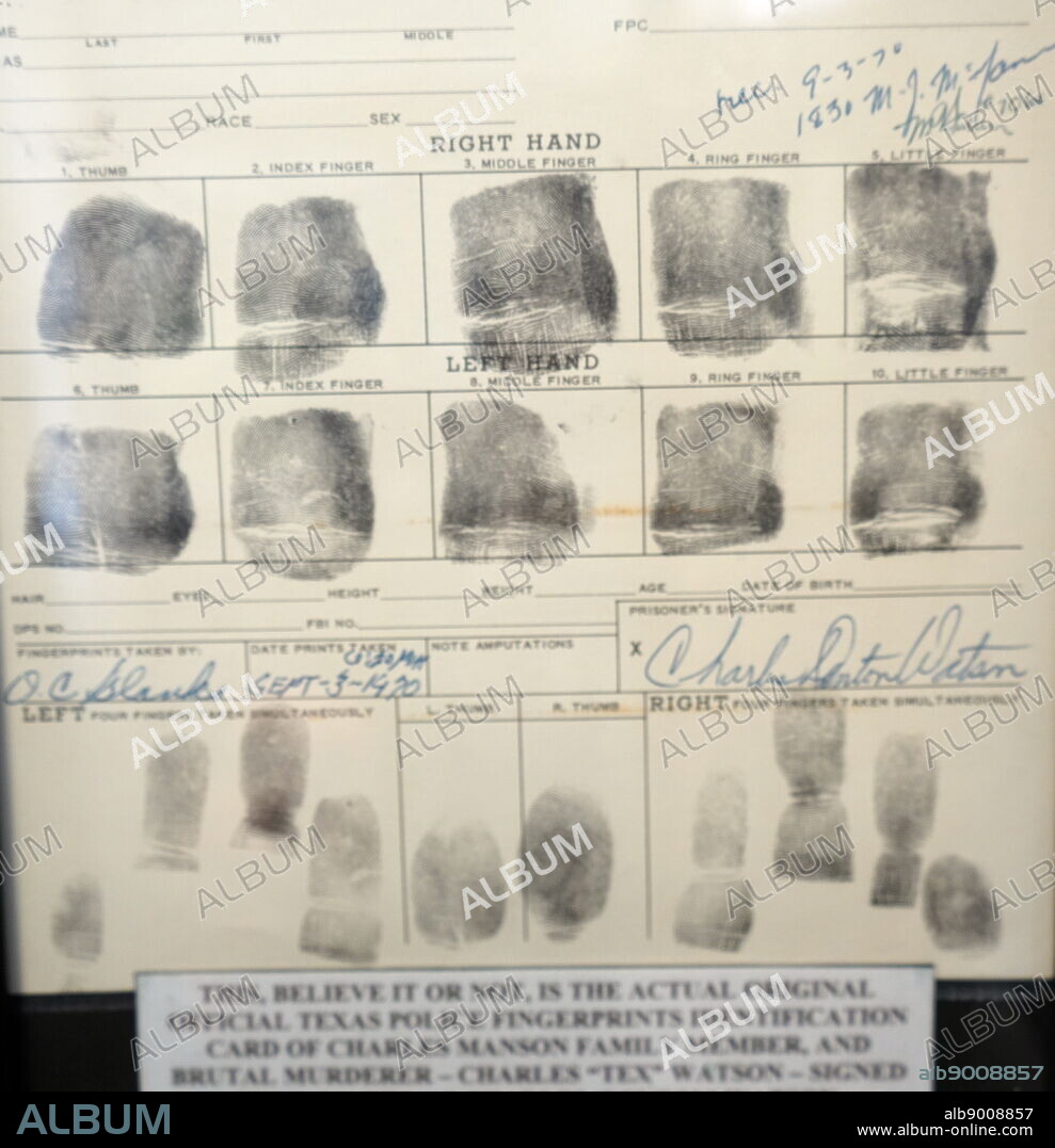 Fingerprint identification card of Tex Watson. Charles Denton Watson Jr. (1945-) an American murderer who was a central member of the "Manson Family" led by Charles Manson. Charles Milles Manson (1934-2017) an American criminal, cult leader and musician.