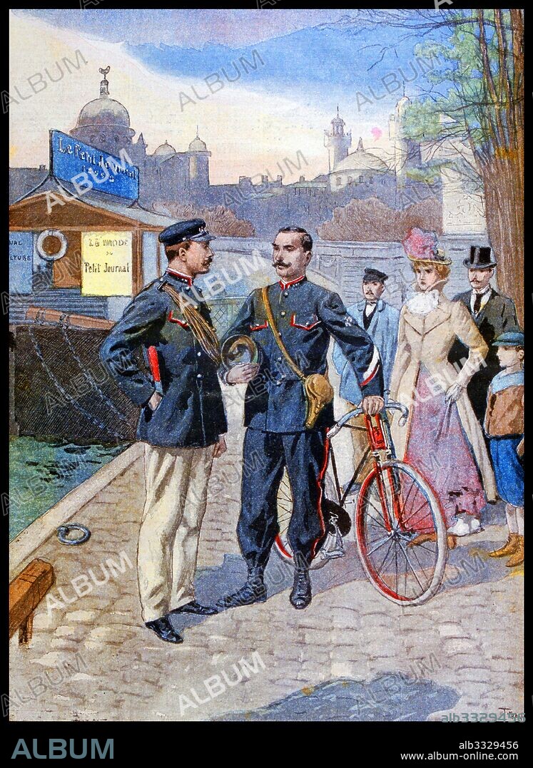 Illustration showing the French river police and mounted bicycle policeman at the time of the Exposition Universelle of 1900. This was a fair held in Paris, France, from 14 April to 12 November 1900, to celebrate the achievements of the past century and to accelerate development into the next.