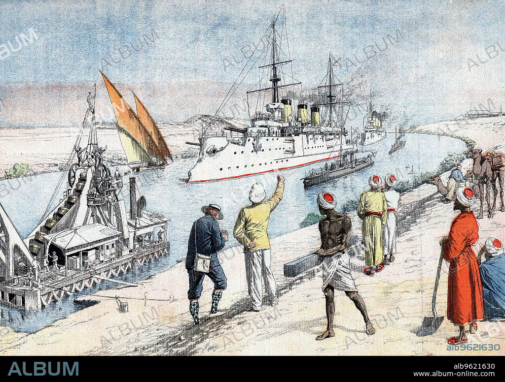 Russian warships, led by the Pobeida, passing through the Suez Canal, Russo-Japanese War, 1904-5. From Le Pe;tit Journal, Paris, 17 January 1904.