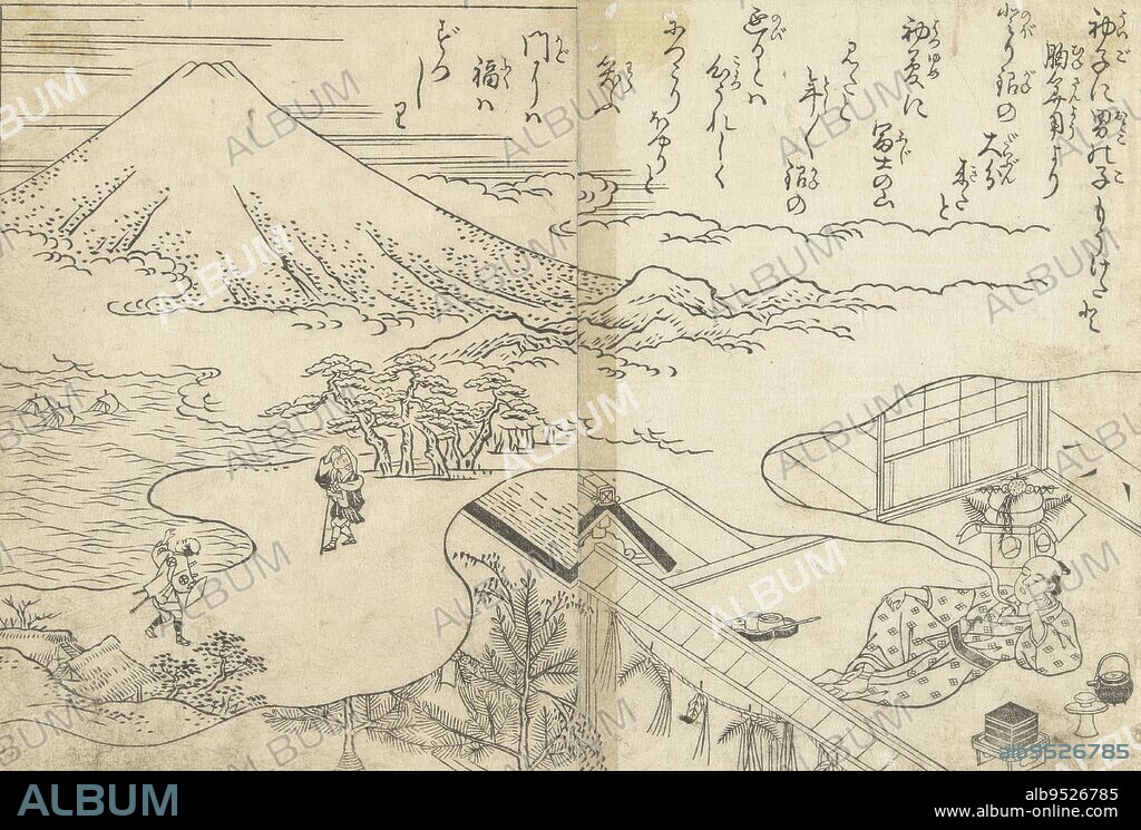 Man, lying in room, dreaming about his journey to Mount Fuji. Two pages, glued together, from a Japanese book, dreaming about the Fuji., print maker: Nishikawa Sukenobu, (attributed to), Japan, 1700 - 1750, paper, h 179 mm × w 264 mm.