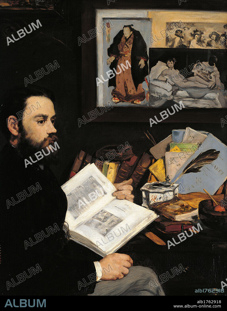 Portrait of Emile Zola, by Edouard Manet, 1868, 19th Century, oil on canvas, cm 90 x 110. France, Ile de France, Paris, Muse dOrsay. Detail. Portrait Emile Zola Manet Olympia Japanese print.