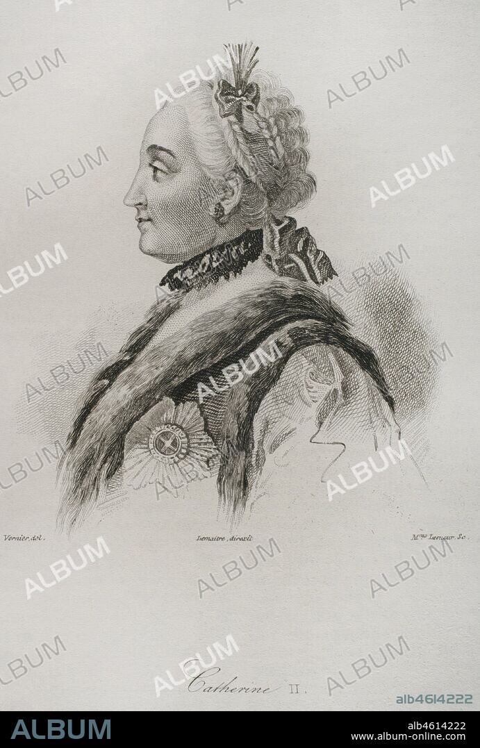 Catherine the Great or Catherine II (1729-1796). Empress of Rusia from 1762 to 1796. Portrait. Engraving by Lemaitre, Vernier and Lesueur. History of Russia by Jean Marie Chopin (1796-1870). Panorama Universal, Spanish edition, 1839.