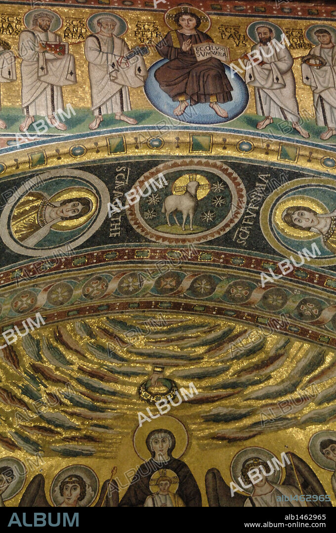 BYZANTINE ART. CROATIA. Euphrasian Basilica. Byzantine church built in the sixth century. Mosaic with christ and the twelve Apostles and Virgin and Child flanked by angels. World Heritage Site by UNESCO in 1997. POREC. Istrian Peninsula.