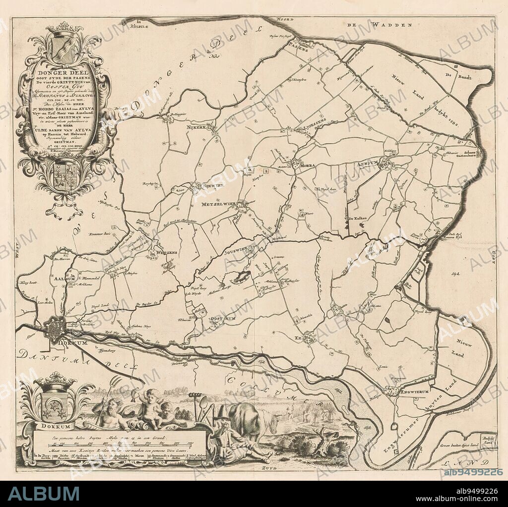 Map of the Oostdongeradeel district, Donger part east zyde der Pasens the fourth district of Ooster goo (...) (title on object), Top left cartouche with title, administrative information about the district and the arms of Oostdongeradeel and of the grietman, jonker Ulbe baron van Aylva. Bottom left cartouche with legend and scale: A gemeene halve Duytze myle van 15 in een graad - Maat van 1000 konings roeden welker 1200 maaken een gemeene uire gaans. Around it the coat of arms of the city of Dokkum, Neptune, two putti and a farmer., print maker: anonymous, Bernardus Schotanus à Sterringa, (mentioned on object), publisher: François Halma, (mentioned on object), print maker: Amsterdam, Friesland, publisher: Leeuwarden, 1698 and/or 1718, paper, engraving, etching, height 429 mm × width 458 mm.