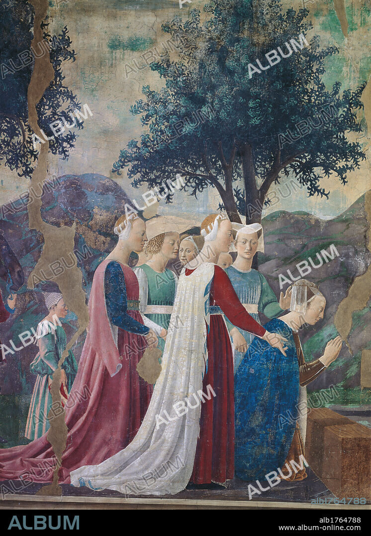 The Legend of the Cross. Adoration of the Holy Wood and Meeting of Solomon and Queen of Sheba, by Pietro di Benedetto dei Franceschi known as Piero della Francesca, 1452-1462 about, 15th Century, fresco,. Italy, Tuscany, Arezzo, San Francesco church, Main Chapel. Detail. Adoration of the Holy Wood, the Queen of Sheba kneeling before the Holy Wood, the procession of the handmaids and the maiden girl behind. Authorization required for non editorial use.