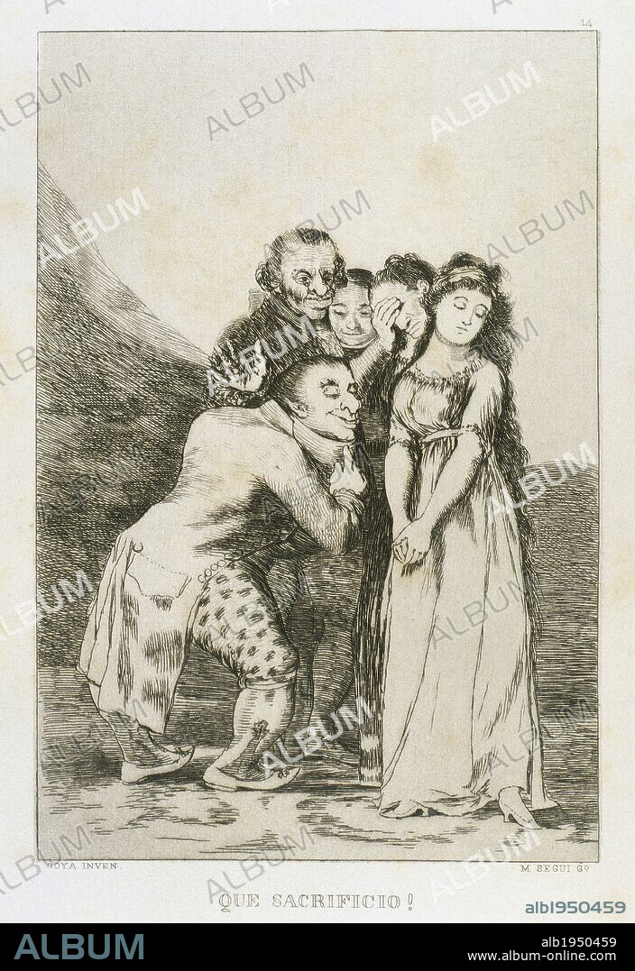 FRANCISCO DE GOYA. ARTE S. XVIII. ESPAÑA. GOYA, Francisco (Fuendetodos, 1746-Burdeos, 1828). Pintor y grabador español. " ¡QUE SACRIFICIO!... ". Aguafuerte que perteneece a la colección de 84 grabados titulada "CAPRICHOS" de temática satírico-fantasmagórica, editados en el año 1799. Reproducción de M. Seguí i Riera.