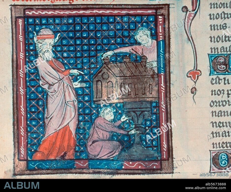 ANONYMOUS. Illuminated manuscript, France, beginning of the 14th century. -"Moses oversees the construction of the Ark of the Covenant".-From the "Bible historiale" by Guiart Desmoulins. Douce 211, fol. 67 v. Oxford, Bodleian Library.