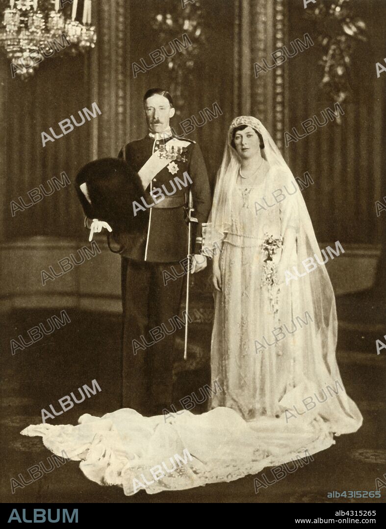 The marriage of Princess Mary and Viscount Lascelles, 28 February 1922, (1935). Mary, Princess Royal (1897-1965) and Henry Lascelles, 6th Earl of Harewood (1882-1947) were married at Westminster Abbey in London. From "The Silver Jubilee Book - The Story of 25 Eventful Years in Pictures". [Odhams Press Ltd., London, 1935].