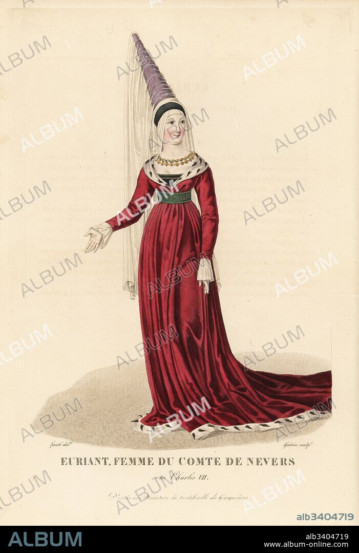 Euriant of Savoy, mistress of the Count of Nevers. The story of the beauty Euriant and Gerard de Nevers was related in La Roman de la violette by the poet Gerbert de Montreuil. She wears a high hennin with veil, and ermine-trimmed crimson robe. After a miniature in Roger Gaignieres' portfolio. Handcoloured copperplate engraving by Georges Jacques Gatine after an illustration by Louis Marie Lante from Galerie Francaise de Femmes Celebres, Paris, 1827.