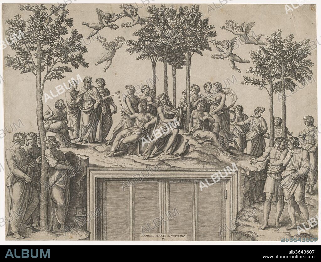 Apollo sitting on Parnassus surrounded by the muses and famous poets. Artist: Marcantonio Raimondi (Italian, Argini (?) ca. 1480-before 1534 Bologna (?)); After Raphael (Raffaello Sanzio or Santi) (Italian, Urbino 1483-1520 Rome). Dimensions: Sheet: 14 in. × 18 1/2 in. (35.6 × 47 cm). Date: ca. 1517-20.