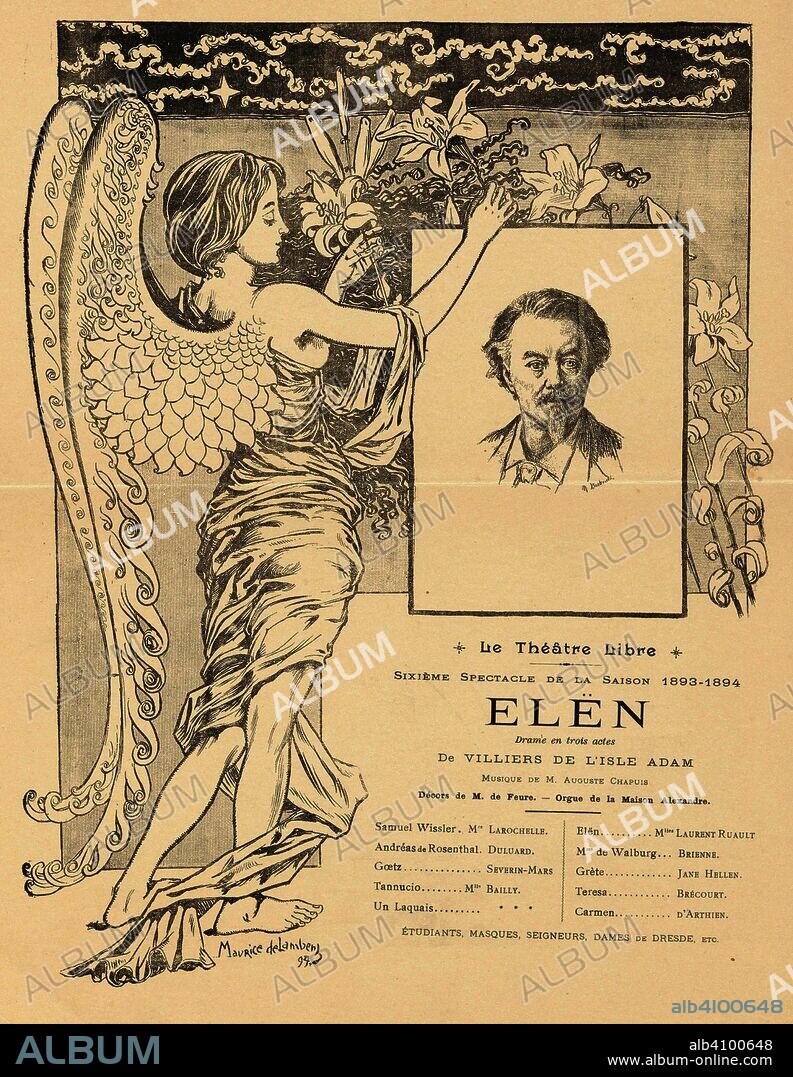MAURICE WALTER EDMOND DE LAMBERT. Theatre programme for Elën by Auguste Villiers de L'Isle-Adam (Théâtre Libre, 14 February 1895). Dimensions: 39.2 cm x 30.5 cm, 34.3 cm x 26.5 cm.