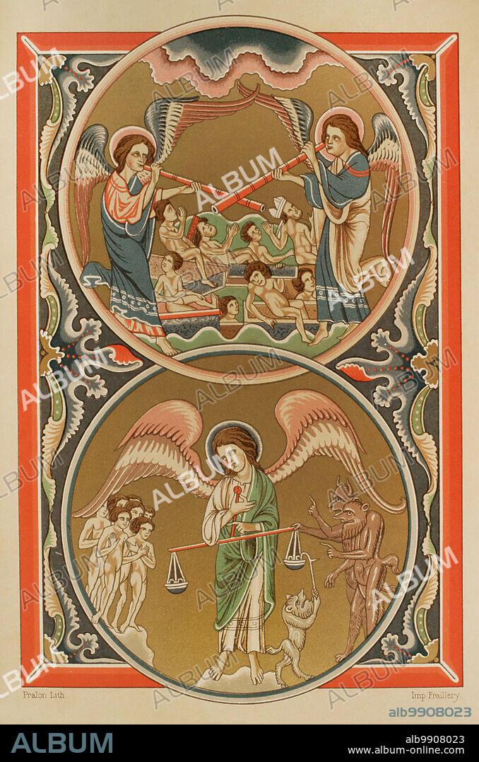 La resurrección de los muertos y el peso de la almas en la balanza, en el Juicio Final. Cromolitografía a partir de una miniatura del Salterio de San Luis, 1270-1274, formando parte del tesoro de la Abadía de Poissy. Sciences & Lettres au Moyen Age et à l'époque de la Renaissance. París, 1877.