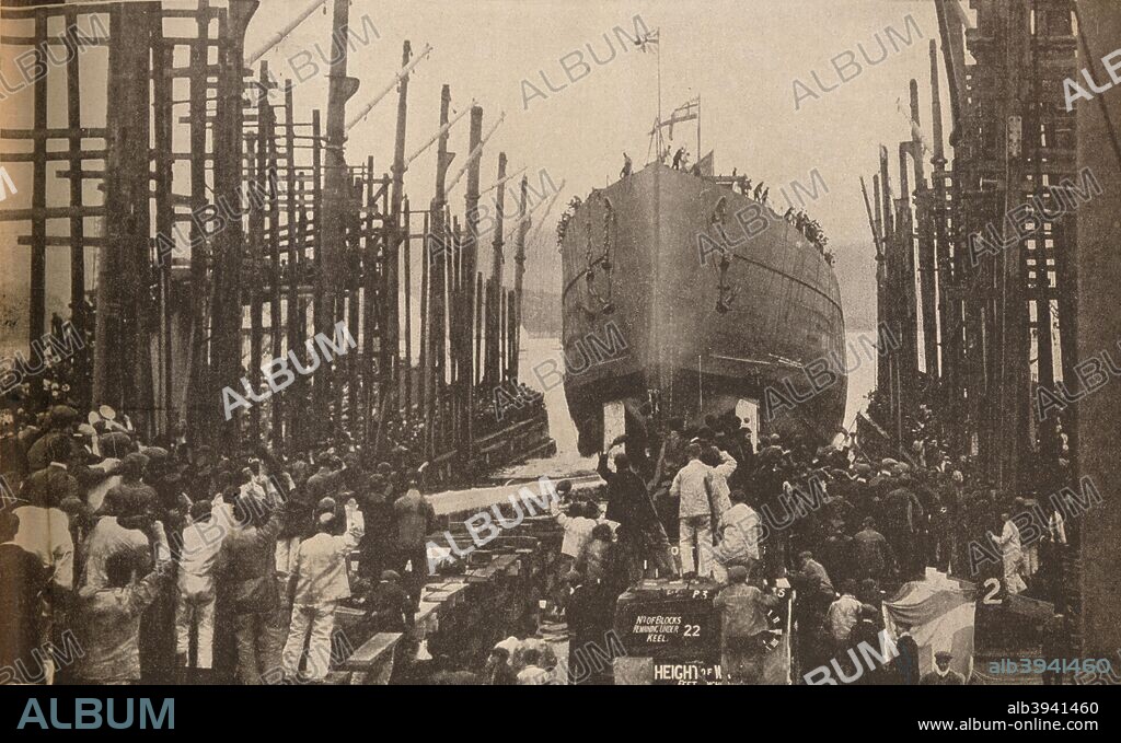 'Launch of H.M.S. Lion in August, 1910', c1910, (1935). H.M.S. launched 6th August 1910. From His Majesty The King 1910-1935. [Associated Newspapers Ltd., London, 1935].