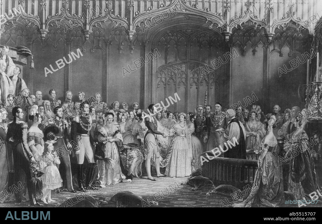 An engraving of the scene at the wedding of Victoria and Albert in 1840.Royal Wedding - On the 20th. November, 1947, H.R.H. Princess Elizabeth, Heir Presumptive to the throne of Britain, is to marry Lt. Philip Mountbatten, R.N., descendant of the male line of the royal house of Denmark.Lt. Philip, now a British subject, is the son of Prince Andrew of Greece and Princess Alice of Battenberg.He was educated in Britain and served throughout the war with the royal navy.The royal marriage recalls that of Queen Victoria with Prince Albert in 1840, now over 100 years later is celebrated the marriage of two of their great-grandchildren destined one day to share the same responsibilities. April 11, 1949.