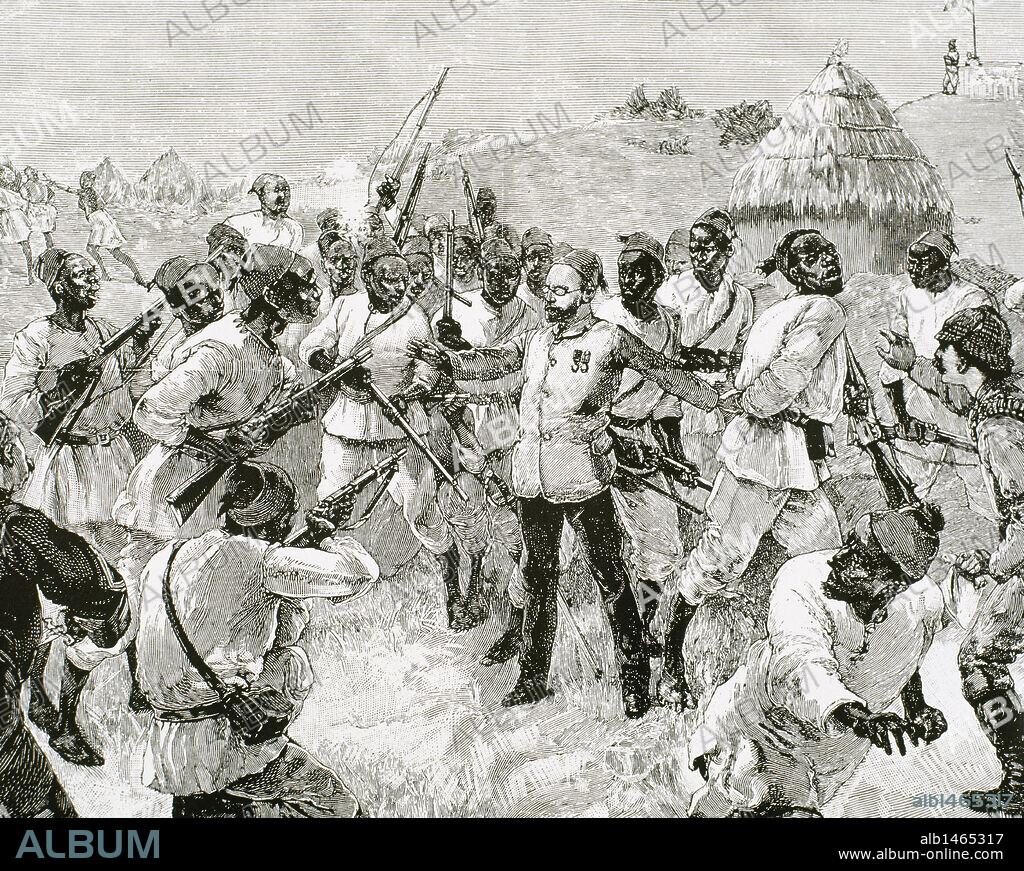 HISTORIA DE AFRICA. SIGLO XIX. Revuelta de los hombres de Emin-Pacha en Dufilé. Soldados sudaneses se vuelven contra M. JEPHSON y EMIN tras la lectura de las cartas del Khedive, dirigidas al consejo de oficiales en las que autorizaba a Stanley en su misión y a funcionarios egipcios la evacuación de provincias del Sudán (1890). Grabado.