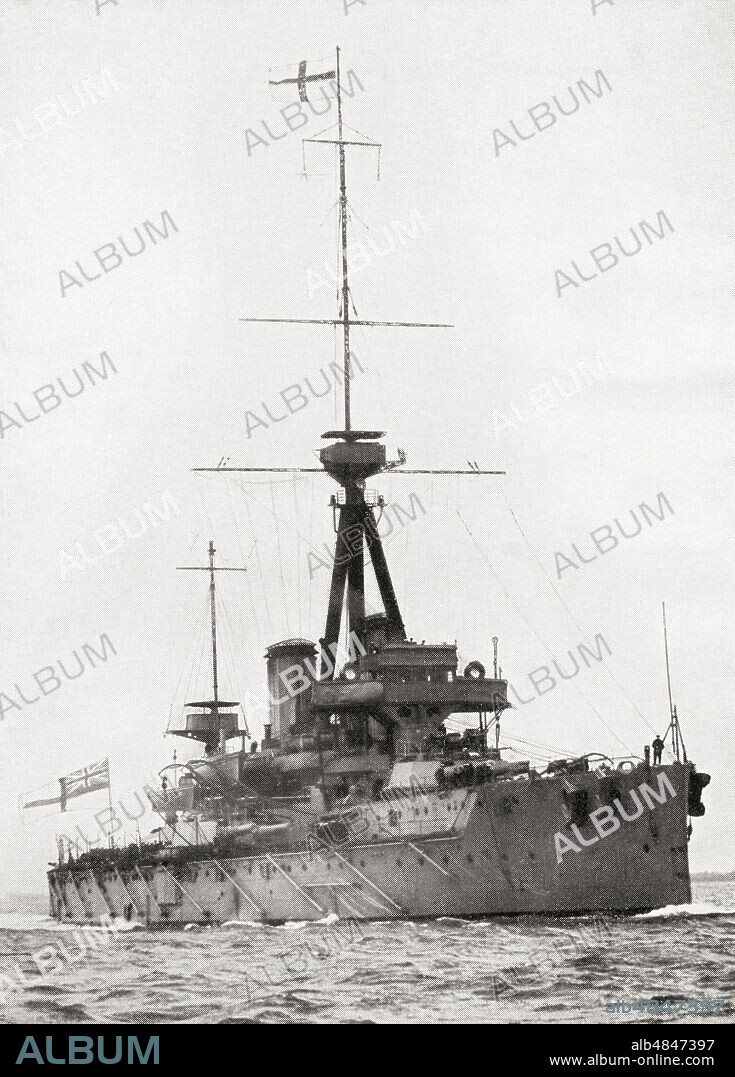 EDITORIAL  The British Royal Navy battleship HMS Dreadnought, (1906).  From The Book of Ships, published c.1920.