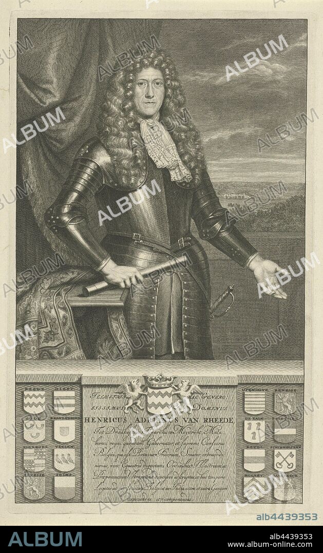 Portrait of Hendrik Adriaan van Reede Tot Drakestein, Hendrik Adriaan van Rheede tot Drakestein, Lord van Mijdrecht, military and administrative officer at the V.O.C, dressed in armor. In the background an exotic landscape. Below the portrait the coats of arms of different cities. The print has a Latin caption, landscapes in the non-temperate zone, exotic landscapes, Hendrik Adriaan van Reede Tot Drakestein, Pieter van Gunst, Amsterdam, 1659 - 1731, paper, etching, h 332 mm × w 202 mm.