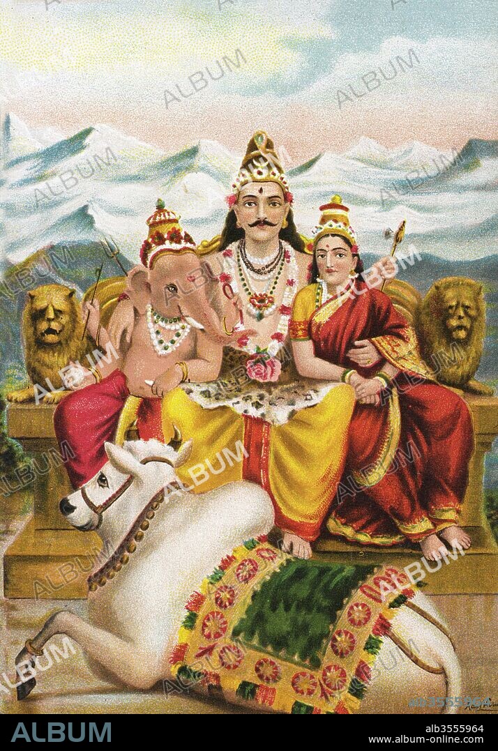 Lord Shankar (Shiva) with his son Ganesh and wife Parvati with his vehicle Nandi or the sacred Bull on Mount Kailash in the Himalayas ; India.