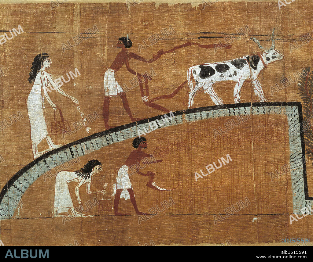 Egyptian civilization, 11th century b.C. Funerary papyrus of Heruben with scene of agricultural work.