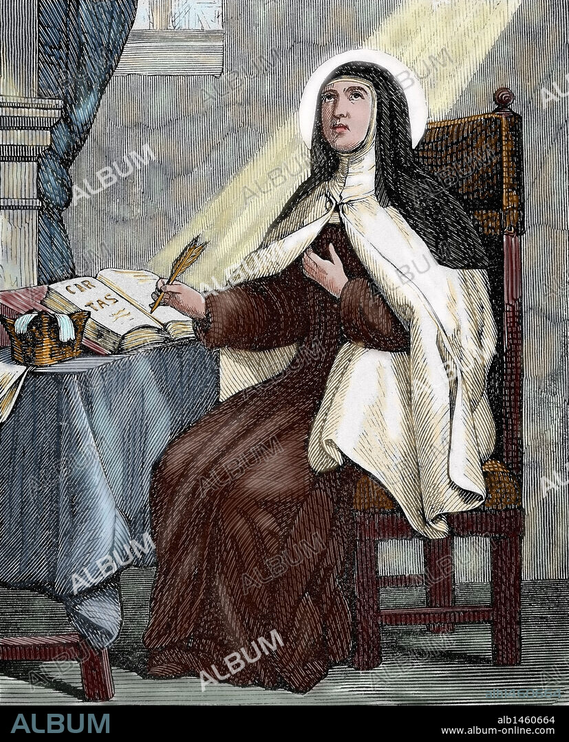 TERESA DE JESUS, Santa (Avila,1515-Alba de Tormes,1582). Reformadora religiosa de la orden carmelitana. Con ella el misticismo occidental alcanza su máxima expresión humana. Grabado del s. XX por Capuz. Coloreado.