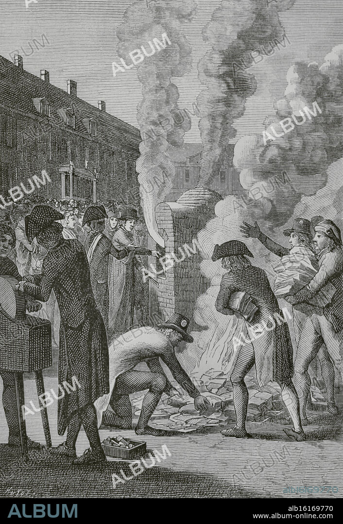 French Revolution. Burning of "assignats" in the Place Vendôme, Paris, on February 19, 1796. On that date, the Directory definitively abolished the use of "assignats," rendering them without any monetary value. Printing presses, punches, dies, and other materials used for paper money were burned and destroyed. Engraving by Huyot after a German illustration. "Directoire, Consulat et Empire. Moeurs et usages, lettres, sciences et arts. France, 1795-1815" (Directory, Consulate and the Empire of France. Customs and traditions, letters, sciences and arts. France, 1795-1815), by Paul Lacroix. Published in Paris, 1884.