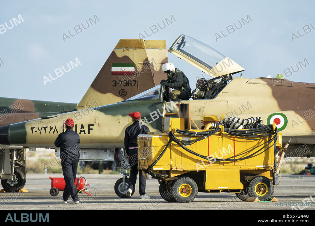 The pilot of a HESA F-5E Saegheh I leaves its aircraft after the flight display. The main feature of this modification of the F-5E is the double tail rudder.