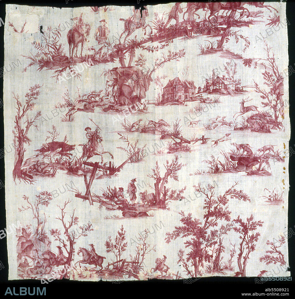 CHRISTOPHE-PHILIPPE OBERKAMPF. La Chasse au cerf et au sanglier (Furnishing Fabric), France, c. 1780. Deer and wild boar hunting. Engraved by Johann Elias Ridinger after Philip Wouverman, manufactured by Christophe Phillipe Oberkampf.
