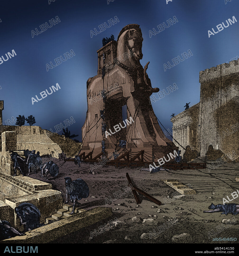 The Trojan Horse is a tale from the Trojan War about the stratagem that allowed the Greeks to finally enter the city of Troy and end the conflict. After a 10 year siege, the Greeks constructed a huge wooden horse, and hid a select force of men inside. The Greeks pretended to sail away, and the Trojans pulled the horse into their city as a victory trophy. That night the Greek force crept out of the horse and opened the gates for the rest of the Greek army, which had sailed back under cover of night. The Greeks entered and destroyed the city of Troy, decisively ending the war. Cyclopedia of Universal History by John Clark Ridpath, 1890 (cropped and cleaned). Colorized.
