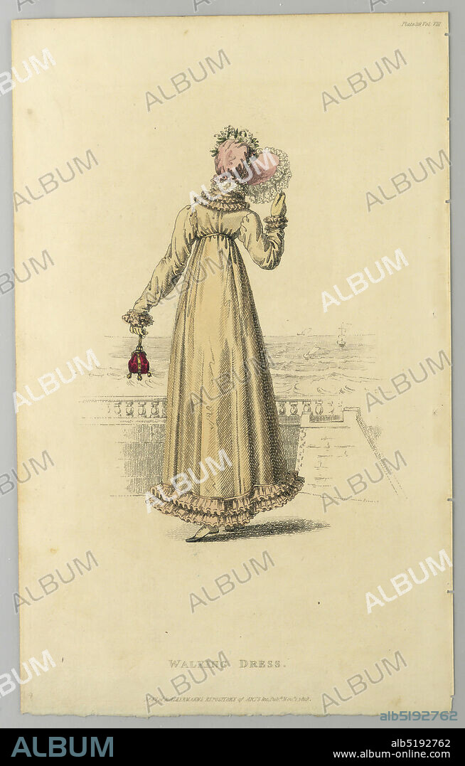Walking Dress, Rudolph Ackermann, English, b. Germany, 17641834, Engraving, brush and watercolor on paper, Woman standig by a railing, facing out to sea. She wears a yellow dress with pink trim, and a pink bonnet. Title below., London, England, 1819, Print, Print.