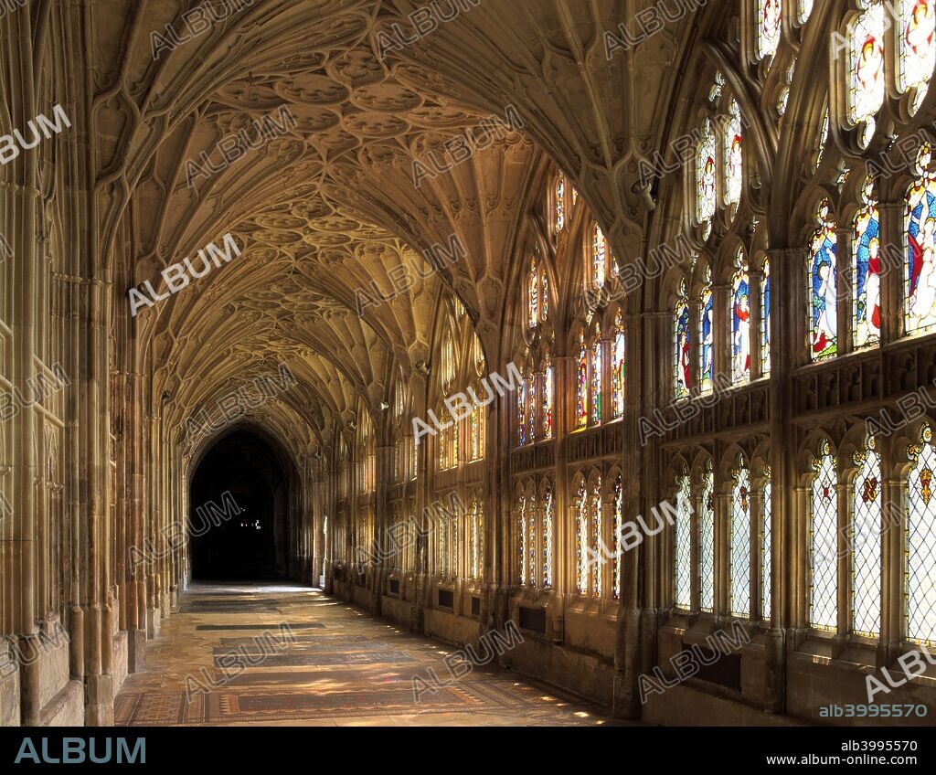 Cloisters of Gloucester Cathedral, late 14th century. The elaborate fan vaulting, the earliest example in Britain, is clearly visible.