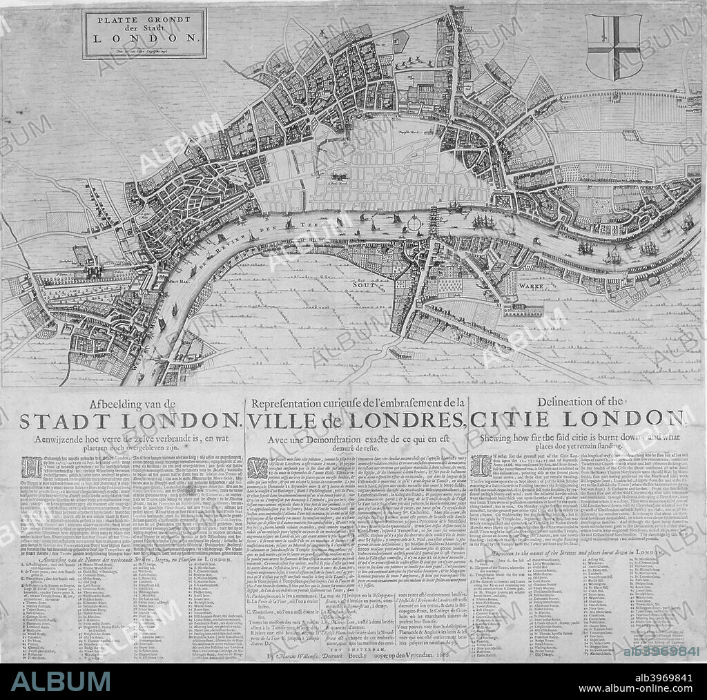 Map of London showing the destruction caused by the Great Fire, 1666. With a description in Dutch, French and English below.