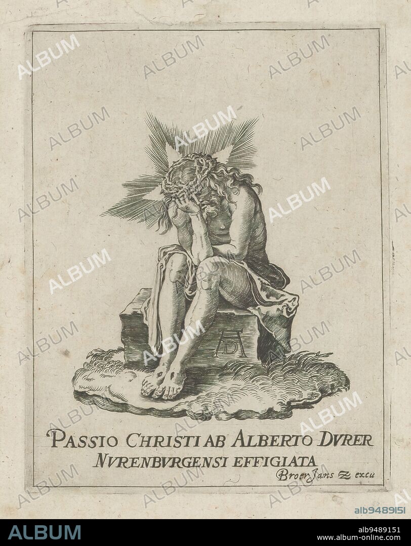 Christ on the cold stone, The little Passion (series title), Passio Christi Ab Alberto Durer Nurenburgensi Effigiata (series title on object), Christ sits with his head in his hand on the cold stone. On his head the crown of thorns. The stigmata are visible on his feet and hand. Print is part of an album., print maker: anonymous, after print by: Albrecht Dürer, publisher: Broer Jansz. (Den Haag), (mentioned on object), The Hague, 1610 - 1620, paper, engraving, height 131 mm × width 101 mm, height 224 mm × width 160 mm.