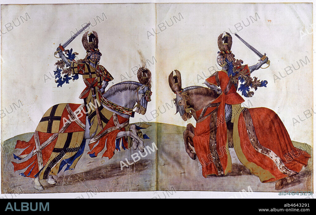 Combat entre deux chevaliers lors d'un tournoi. Miniature tiree du Livre des tournois du roi Rene, au XVeme s. Credit : Collection KHARBINE-TAPABOR.