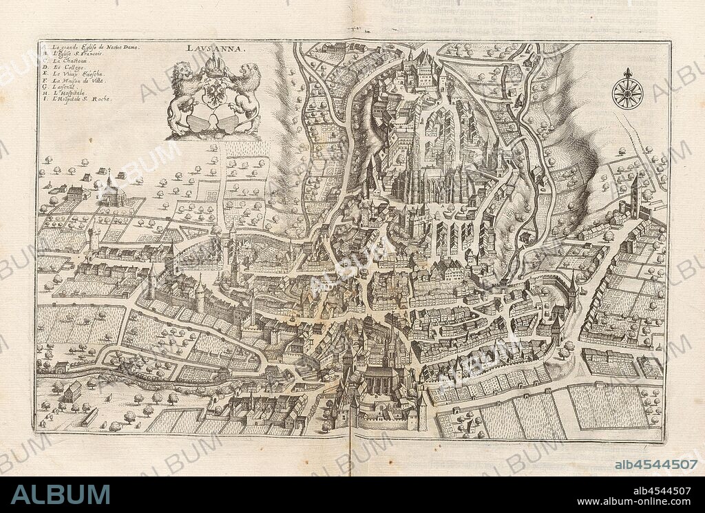Lausanne, Lausanne in the canton of Vaud, Fig. 17, p. 28, Matthaeus Merian der Ältere: Topographia Helvetiae, Rhaetiae, et Valesiae: das ist, Beschreibung und eygentliche Abbildung der vornehmsten Stätte und Plätze in der hochlöblichen Eydgnossschafft, Graubündten, Wallis, und etlicher zugewandten Orthen. Franckfurt am Mayn: zum Truck verlegt von denen Merianischen Erben, im Jahr M DC LIV. [1654].