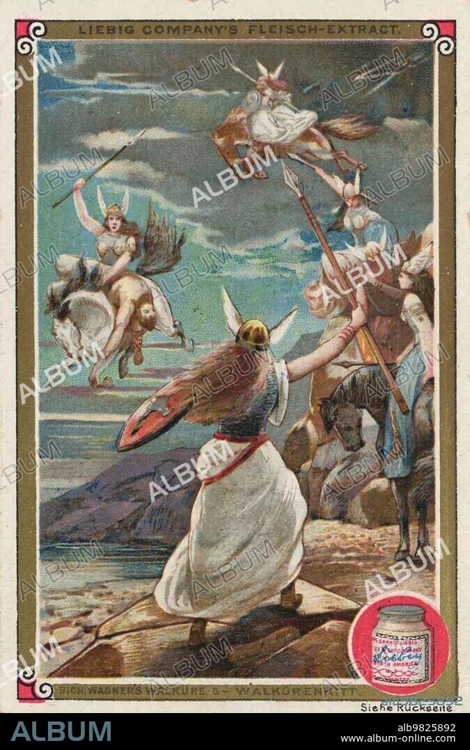 The Ride of the Valkyries; The Valkyrie; an opera by Richard Wagner; digitally restored reproduction of a public domain collective picture from ca 1900; Liebig picture series Richard Wagner; Valkyrie; (1893).