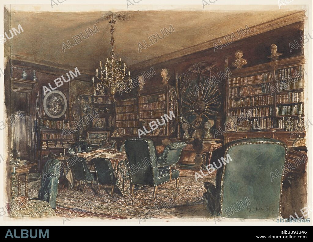 RUDOLF VON ALT. The Library in the Apartment of Count Lanckoronski in Vienna, Riemergasse 8. Date/Period: 1881. Drawing. Brush and watercolor and gouache, graphite on white wove paper.