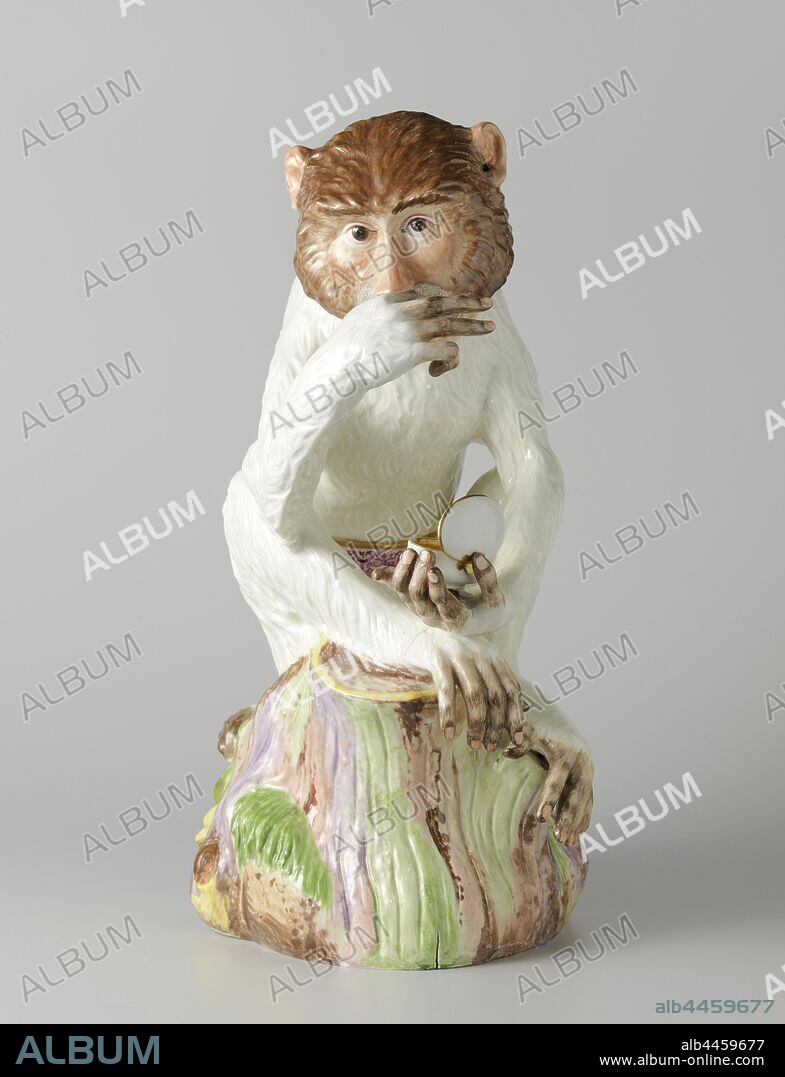 Monkey with a snuffbox, Figure of painted porcelain. The figure represents a white monkey with a brown head sitting on a tree stump. With his right front leg he takes a snuff from a white oval snuff box with the lid opened, which he holds in his left front leg. The monkey is wearing a belt around his waist. The figure is unmarked, monkeys, apes, snuff box, Meissener Porzellan Manufaktur, Meissen, c. 1730 - c. 1733, porcelain (material), h 48.0 cm × w 24.5 cm × d 31.5 cm w 21.0 cm × d 23.0 cm.