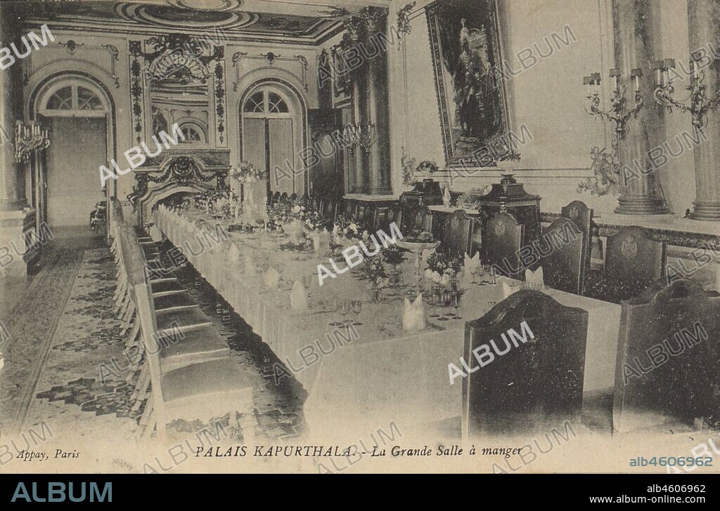 India, Postcard from the Palace of Kapurthala, showing the grand dining room. According to Winthrop's diary he was in Kapurthala in February 1920 but may have made other visits.Printed caption: PALAIS KAPURTHALA - La Grande Salle a mangerAppay, Paris, circa 1920. 2001/243/1/1/3/8.