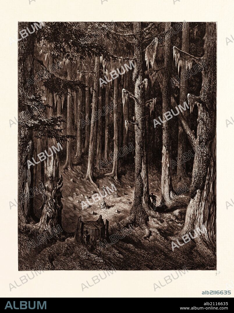 THE BURIAL-GROUND IN THE FIR-FOREST, BY GUSTAVE DORE. Gustave Dore, 1832 - 1883, French. fir tree, forest, romantic, romanticism, colour, color engraving.