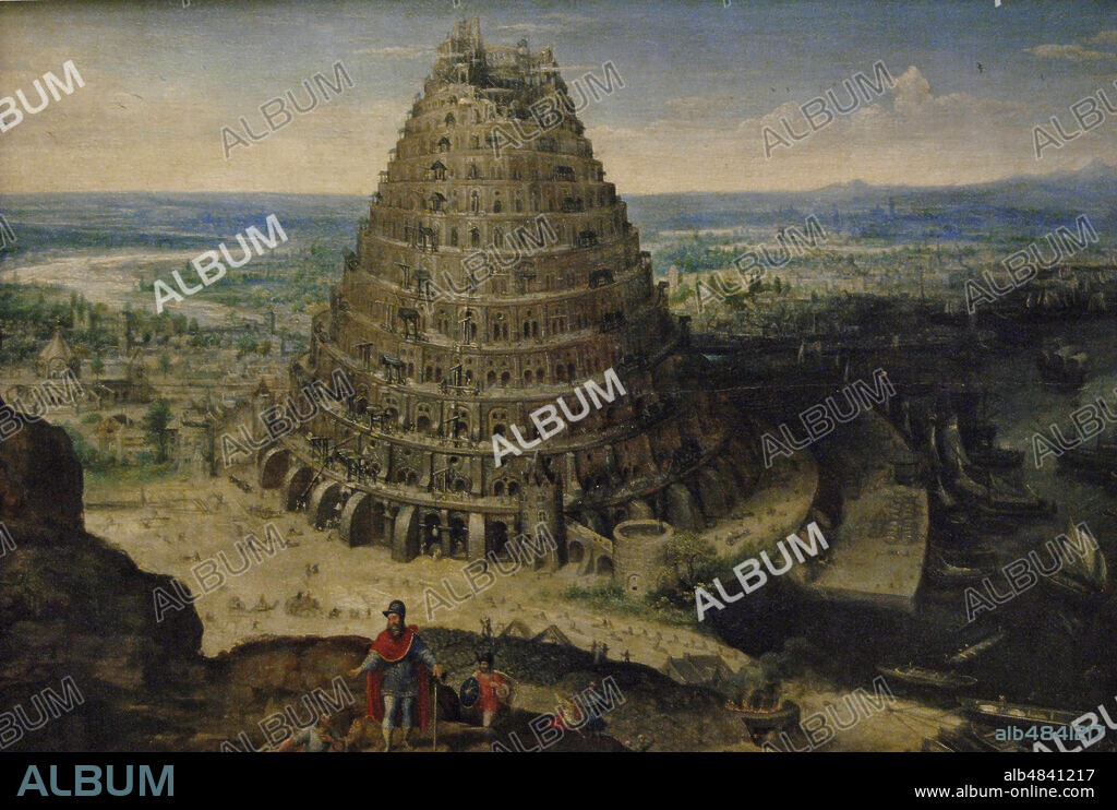 Lucas van Valckenborch (anterior a 1535-1597). Pintor flamenco. La Torre de Babel,1594. En primer plano, Nimrod. Museo del Louvre. París. Francia.