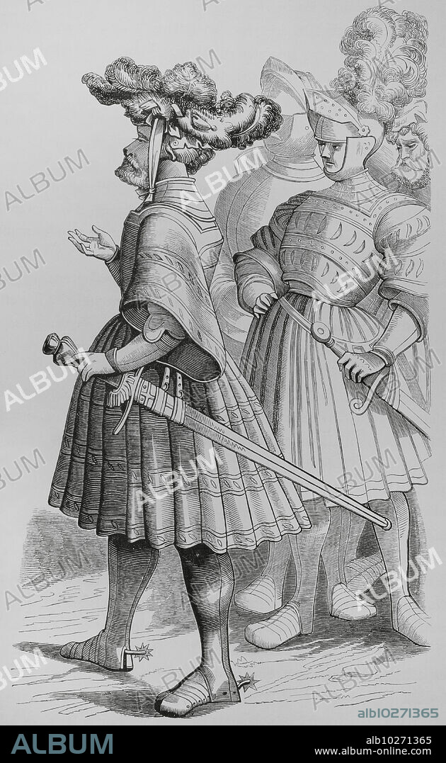 Caballeros germanos. Facsímil a partir de un original del siglo XV en "Vita Imperatoris Maximiliani", grabado por Burgmayer a partir de un dibujo de Albrecht Durer (1471-1528). "Moeurs, usages et costumes au moyen-âge et à l'époque de la Renaissance", por Paul Lacroix. París, 1878.