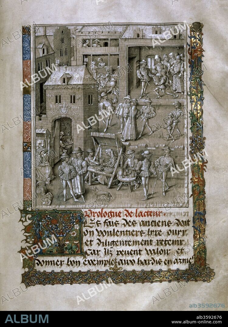 JEAN TAVERNIER. Market scene and Presentation of the book to Philip the Good. From: Conquestes et croniques de Charlemagne by David Aubert.