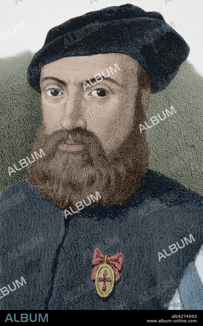 JOSÉ CEBRIÁN (1839-1904). SPANISH ILLUSTRATOR AND ENGRAVER.. Ferdinand Magellan (1480-1521). Portuguese navigator and explorer. Illustration by J. Cebrián. Lithography. Portrait, detail. Later colouration. Cronica General de España, Historia Ilustrada y Descriptiva de sus Provincias. Andalucia, 1867.