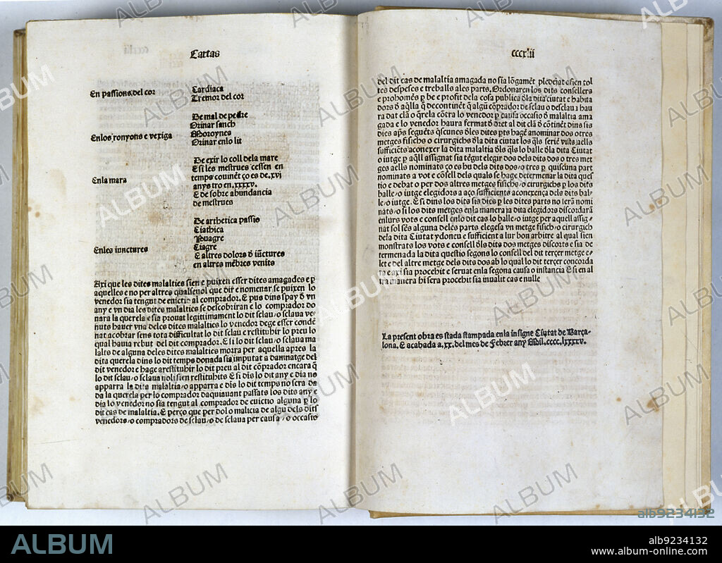 Pages of the 'Constitucions de Catalunya' (Catalonia Constitutions) on parchment. First edition of the basic text of Catalan law. Printed in Barcelona by Pere Miquel and Diego de Guniel, on February 20th 1495.