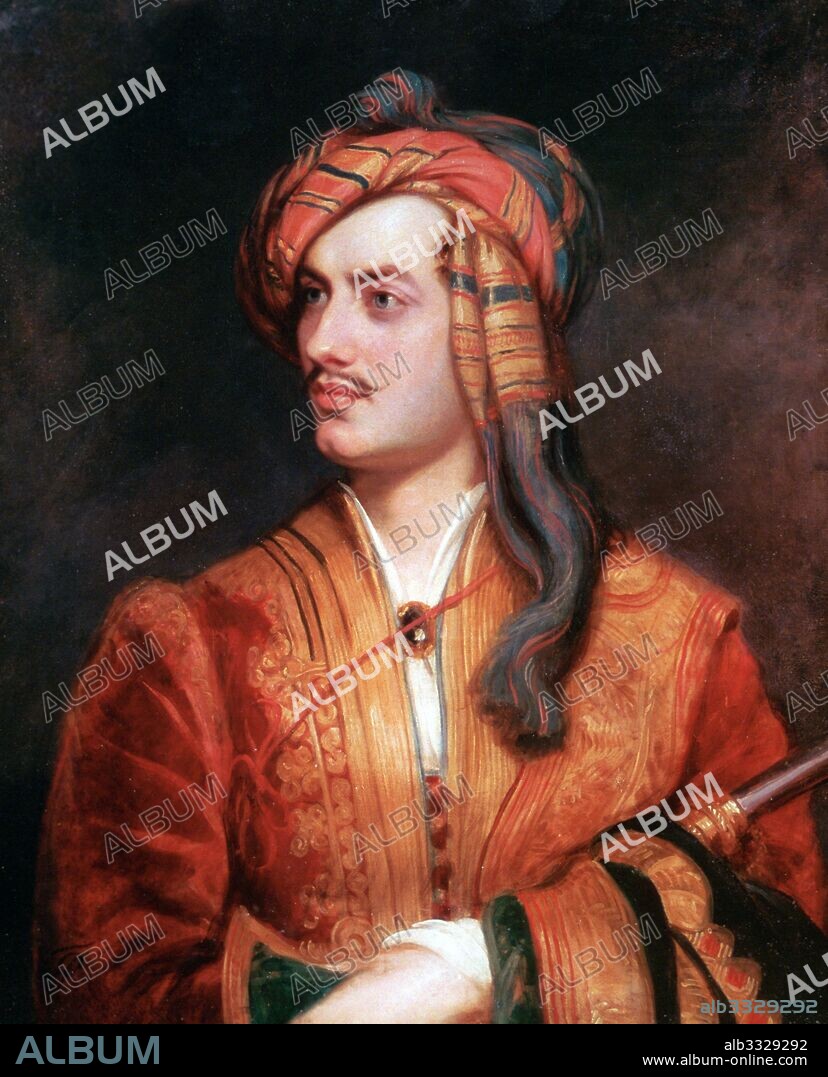 George Gordon Byron (1788 - 1824), commonly known simply as Lord Byron. Anglo-Scottish poet and a leading figure in the Romantic movement. Lord Byron in Albanian dress painted by Thomas Phillips in 1813.