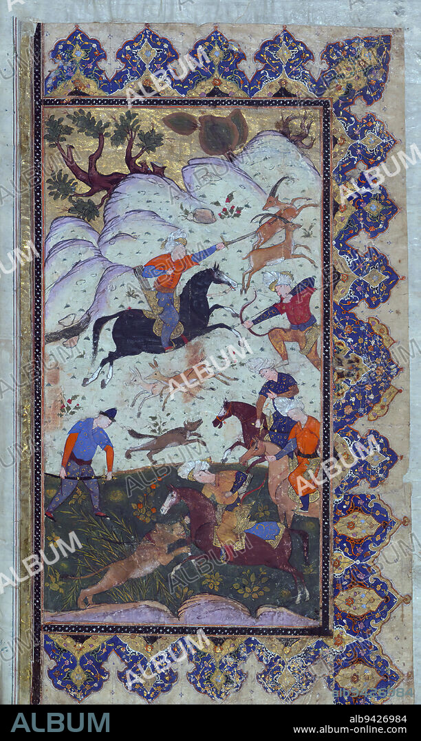 Illuminated Manuscript, Collection of poetry, Hunting scene, This illuminated and illustrated manuscript contains the Khamsah (quintet) and two historical poems (masnavi), Qirn-i sadayn and Nuh sipihr, by Amr Khusraw Dihlav (d. 725 AH / 1325 CE). The codex is dated 1017 AH / 1609 CE and was produced in Safavid Iran. All texts are written in black nastalq script with chapter headings in red. The manuscript opens with an illuminated and illustrated frontispiece of a hunting and court scene in the early Safavid style. The first text is Khamsah-i Dihlav, which is introduced by an illuminated incipit and titlepiece with the title of the first poem of the quintet and the author's name. The second text is Qirn-i sadayn, a historical poem (masnavi) about the meeting of Sultan Muizz al-Dn Kayqubd and his father, Nir al-Din Bughr Khn, on the banks of the Sarj in Oudh. It is also introduced with an illuminated incipit and titlepiece. The third text is Nuh sipihr, a historical poem (masnavi) describing the glories of Sultan Qub al-Dn Mubrak Shh Khaljs time, introduced with an illuminated incipit and headpiece.
