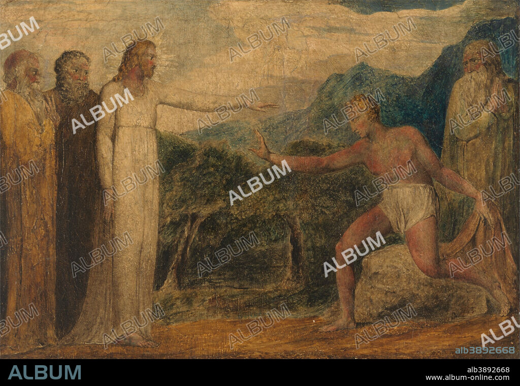 WILLIAM BLAKE. Christ Giving Sight to Bartimaeus. Date/Period: 1799 to 1800. Painting. Tempera, pen and black ink on canvas. Height: 260 mm (10.23 in); Width: 381 mm (15 in).