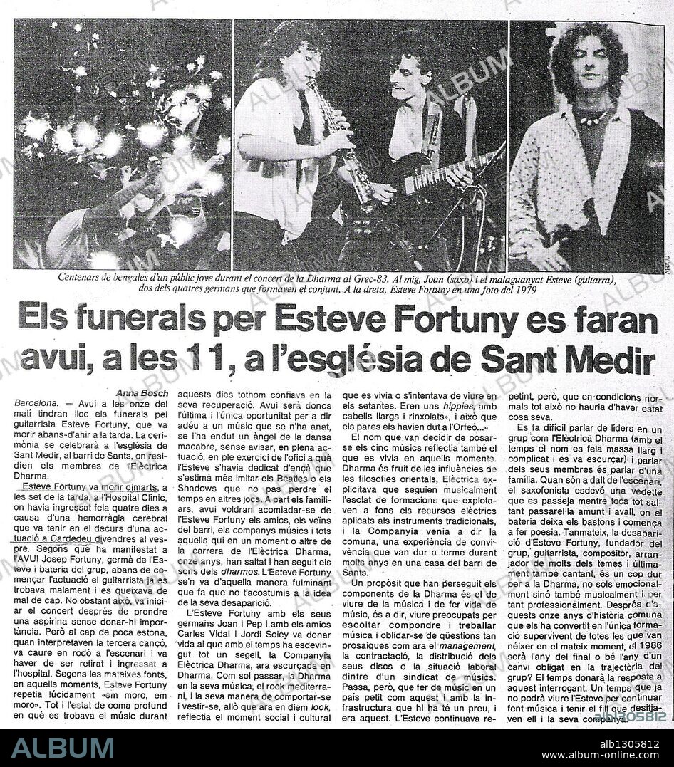 Noticia de los funerales de Esteve Fortuny, integrante de "La Companyia Elèctrica Dharma".