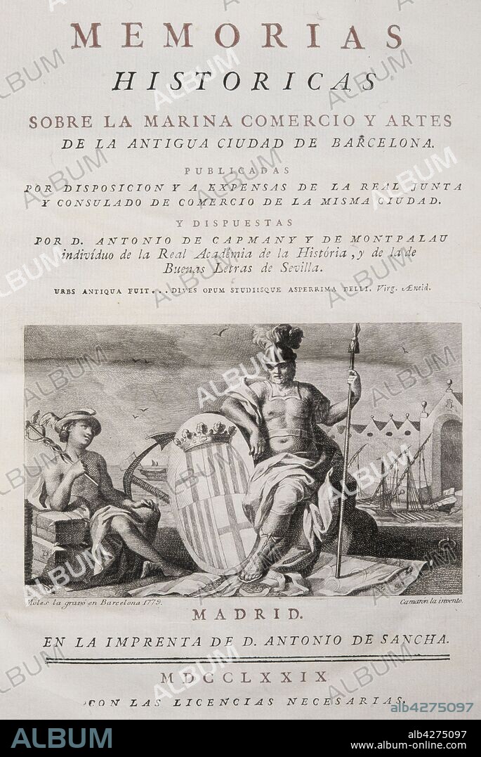 Portada del libro 'Memorias históricas sobre la Marina, Comercio y Artes de la antigua ciudad de Barcelona', de Antonio de Capmany y de Montpalau, 1779,.